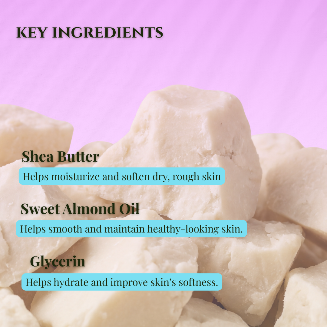 Key ingredients for lavender luxury sugar scrub including shea butter and almond oil for healthy skin