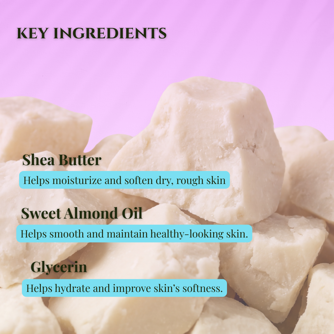 Key ingredients for orchid luxury sugar scrub including shea butter, almond oil, and glycerin for soft skin
