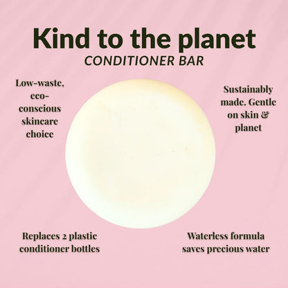 A pale cream-colored conditioner bar centered on a light pink background with black text promoting eco-friendly skincare benefits.