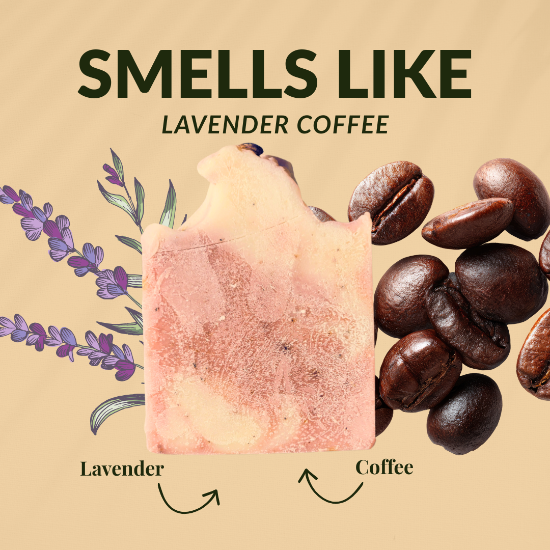 Lavender coffee mild shea butter soap with floral and coffee bean accents for a soothing experience