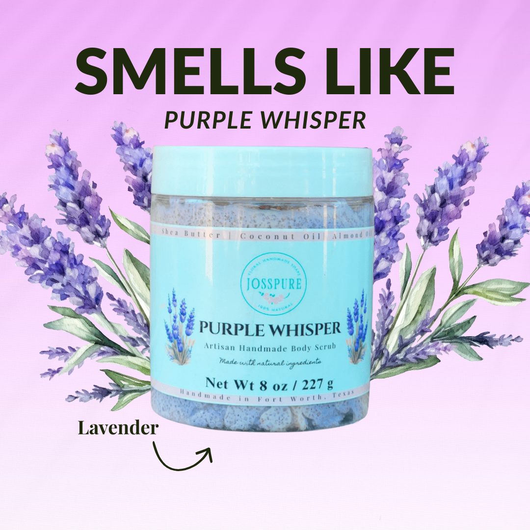 JOSSPURE Lavender Luxury Sugar Scrub in a clear jar with lavender floral design, ideal for natural skincare
