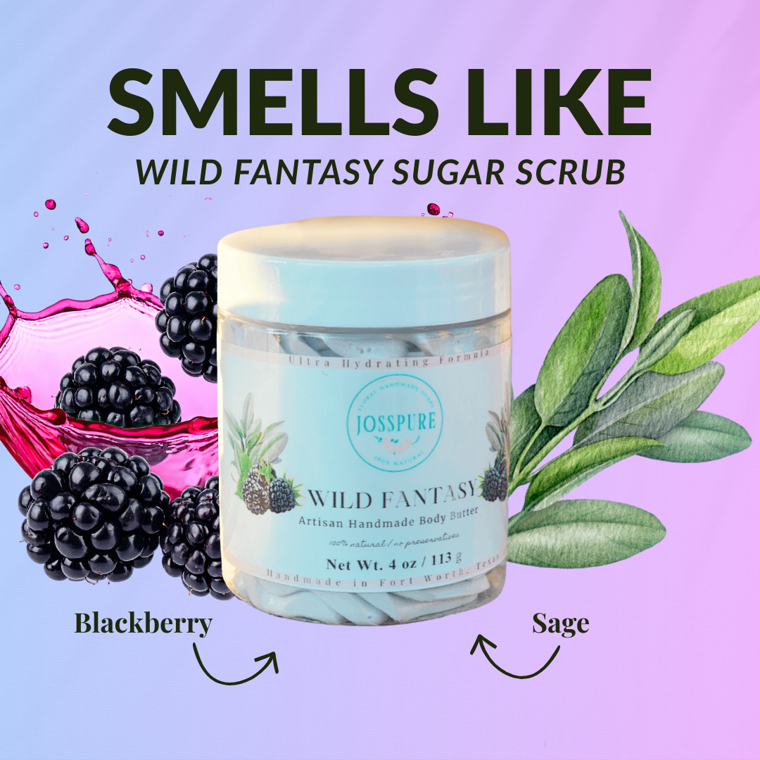 JOSSPURE Wild Fantasy Sugar Scrub with Blackberry Sage Mango Butter Whipped Body Butter in a transparent container