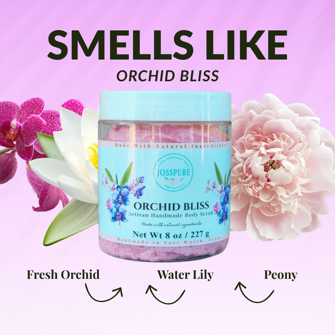 JOSSPURE Orchid Luxury Sugar Scrub in a clear jar with pink scrub and floral background