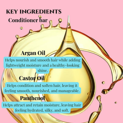 Promotional graphic for a conditioner bar listing, with a pink background and a large golden oil drop and droplets. Text reads 'KEY INGREDIENTS Conditioner bar' and lists Argan Oil, Castor Oil, and Panthenol with benefit descriptions in light blue boxes.