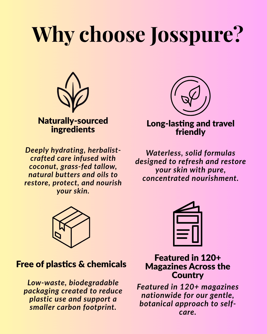 Promotional graphic for Josspure with text and icons on a gradient background