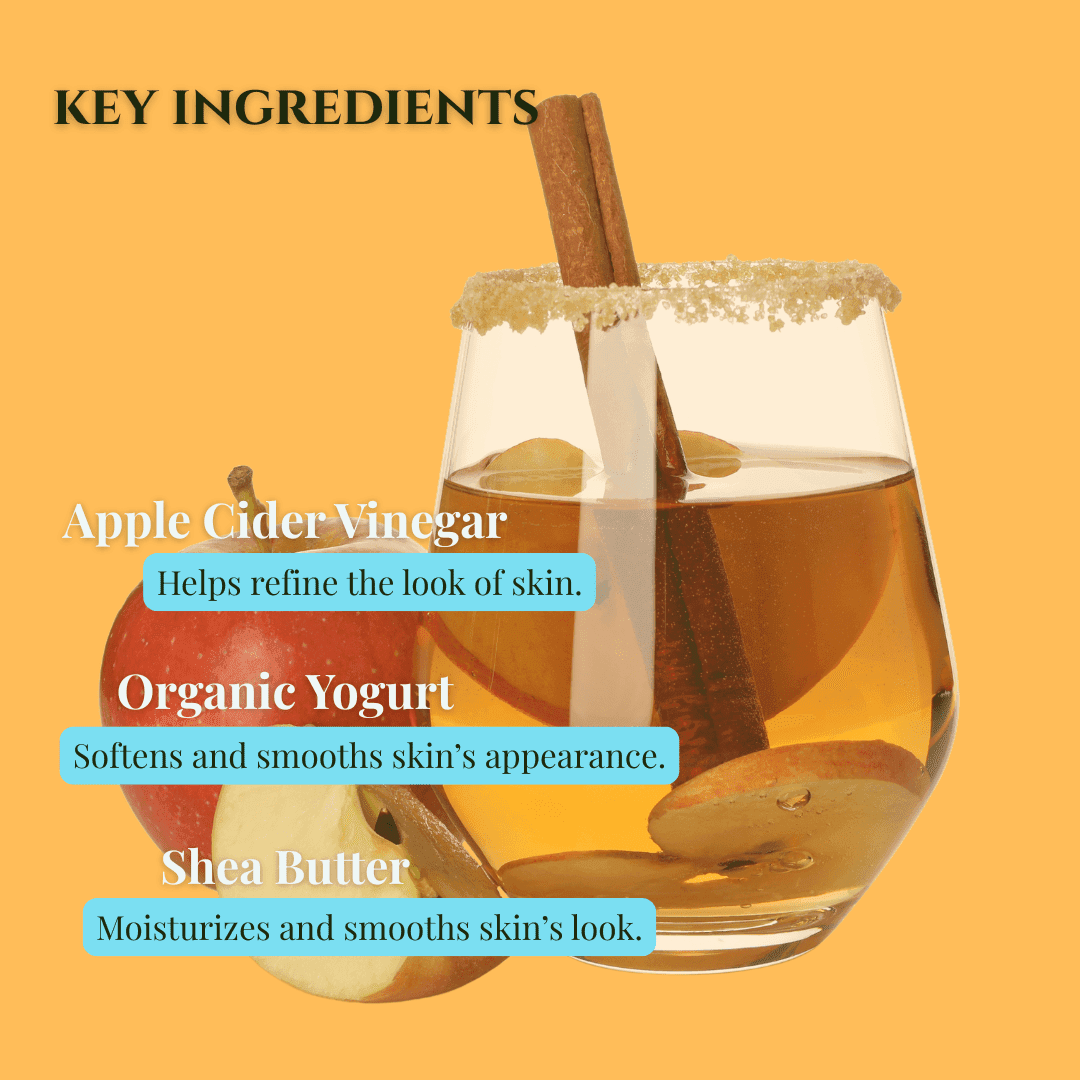 Key ingredients for Apple Cider Vinegar and Yogurt Mild Shea Butter Soap displayed with vibrant apple background