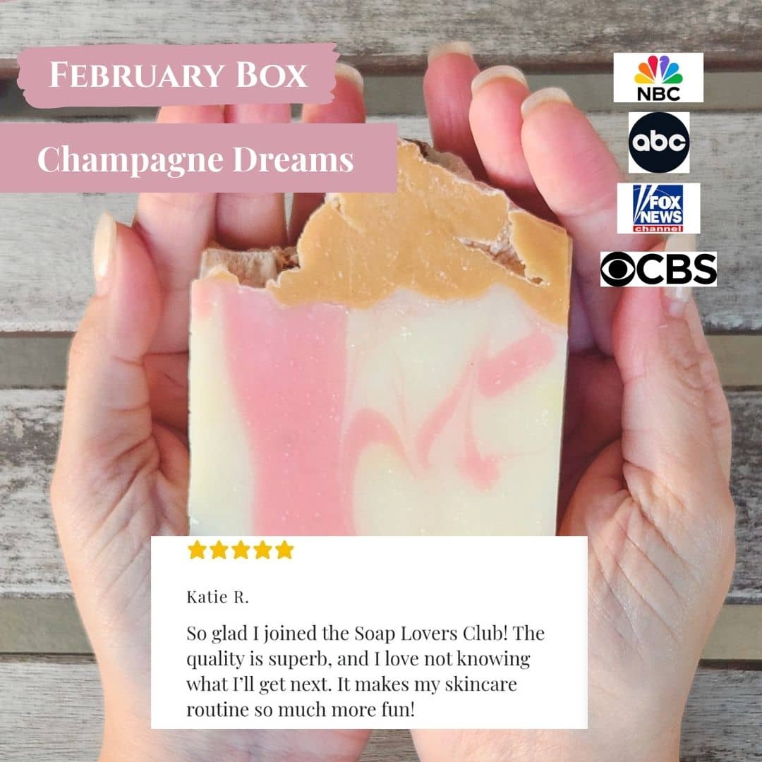 February Soap Subscription Box featuring Champagne Dreams Handmade Soap with vibrant colors