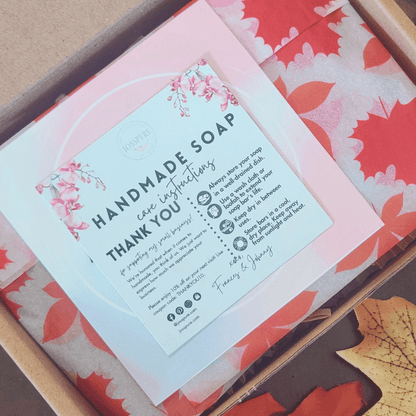 JOSSPURE soap subscription box with handmade soap care instructions and decorative wrapping