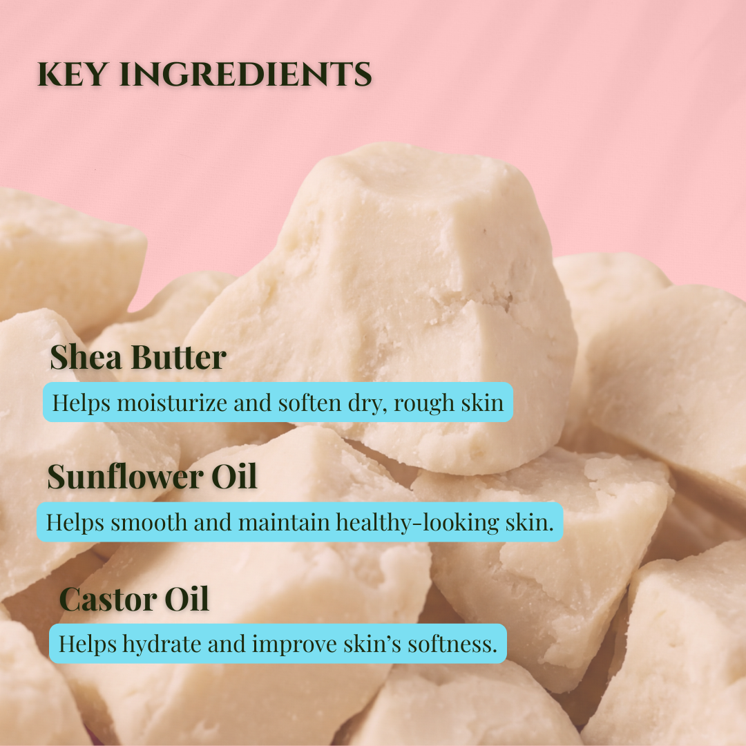 Close-up of JOSSPURE artisan soap bars showcasing key ingredients like shea butter and sunflower oil