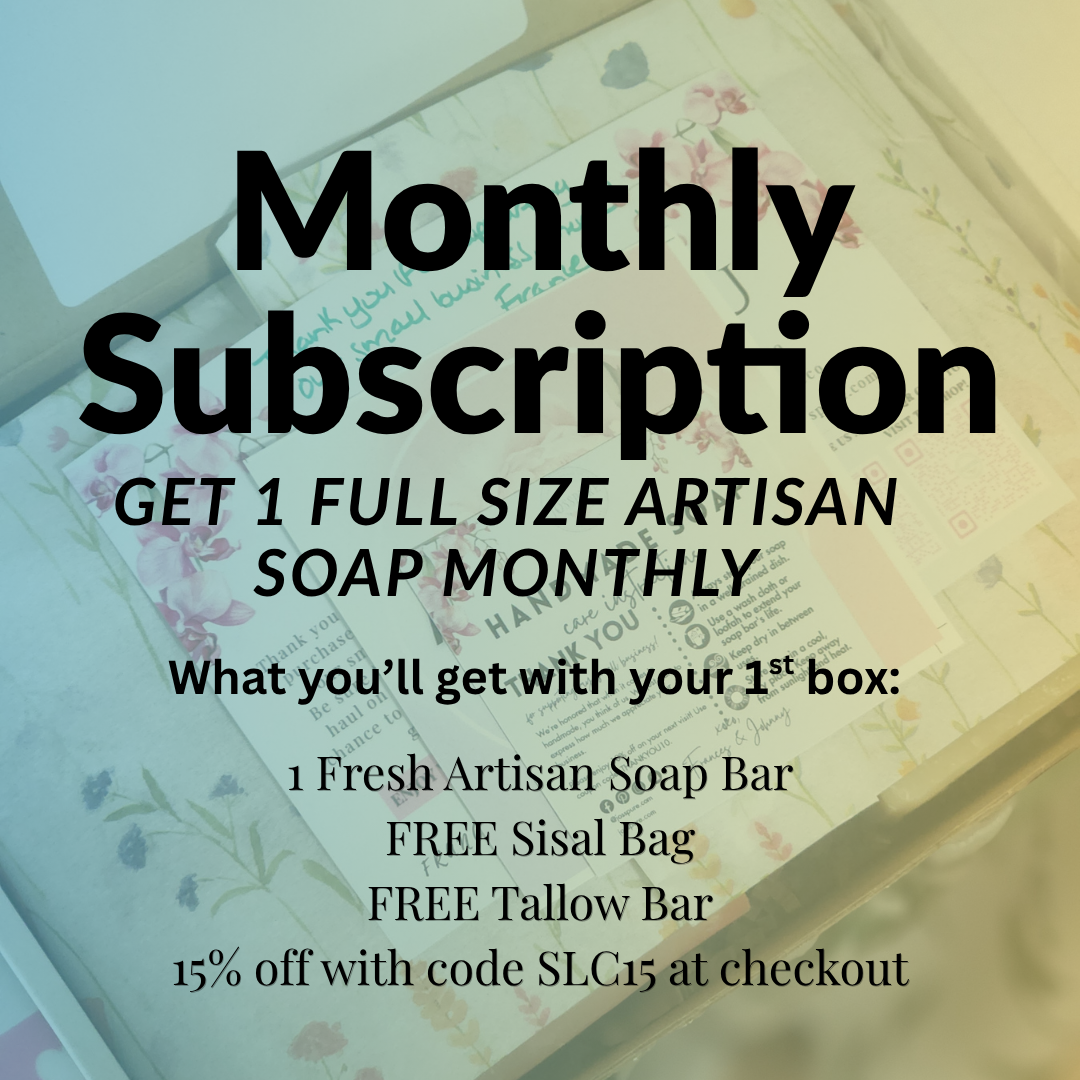 Monthly subscription for artisan soap bars including fresh soap, sisal bag, and free tallow bar