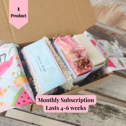 JOSSPURE artisan soap bars in a subscription box with natural decorations and packaging