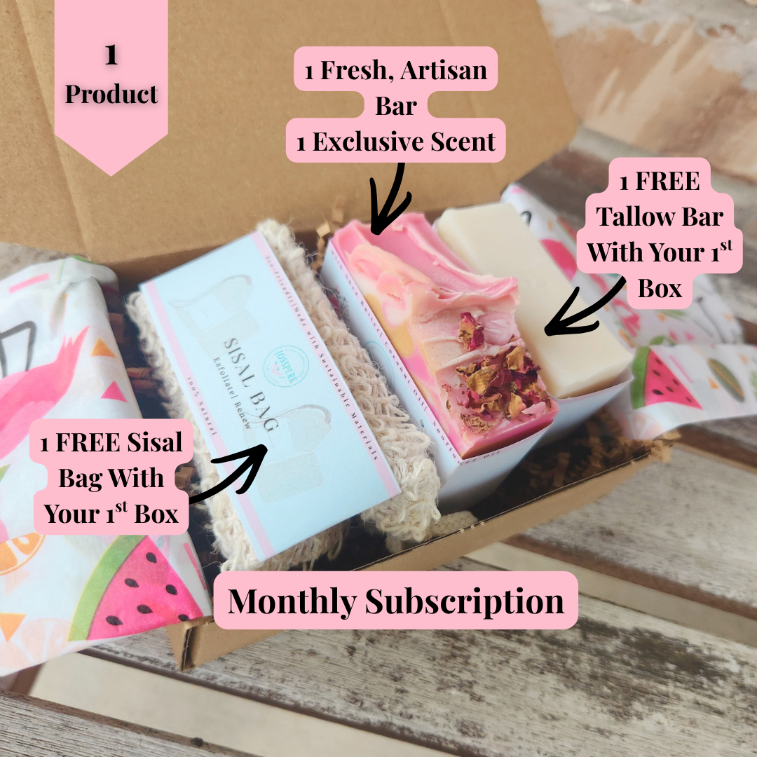 JOSSPURE artisan soap bars displayed in a subscription box with exclusive scents and a free sisal bag
