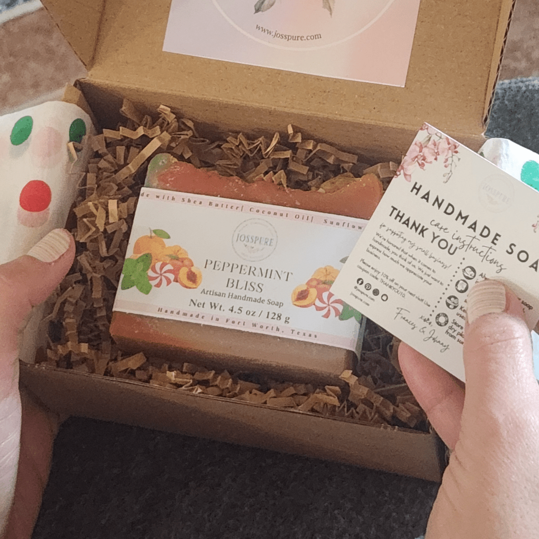 JOSSPURE soap subscription box featuring Peppermint Bliss handmade soap and care instructions