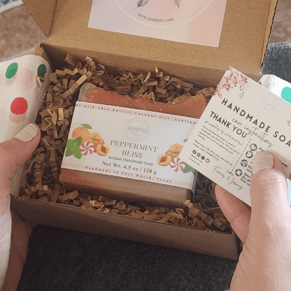 JOSSPURE soap subscription box featuring Peppermint Bliss handmade soap and care instructions
