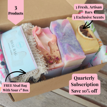 JOSSPURE subscription box featuring 3 fresh artisan soap bars in unique scents and a free sisal bag