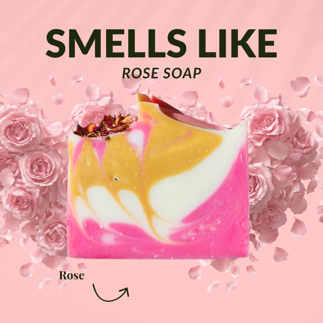 JOSSPURE artisan soap bars in vibrant pink and yellow with rose fragrance and floral accents