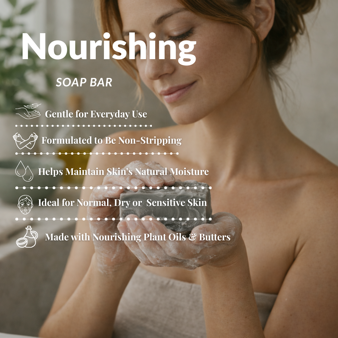 Woman holding a soap bar with product features listed above her.