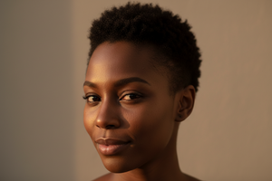 Close-up portrait of a woman with short hair against a neutral background