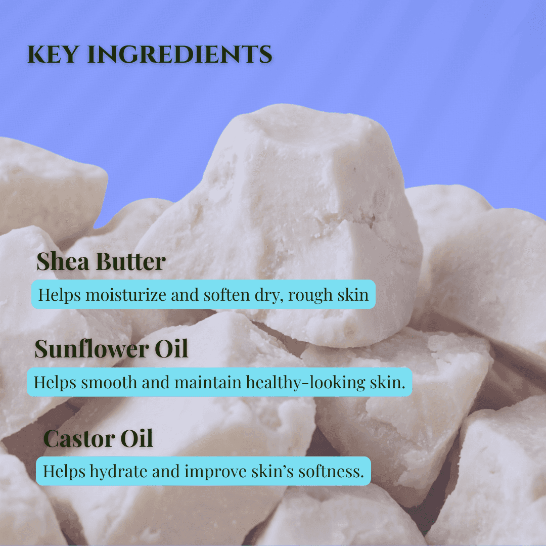 Key ingredients for blackberry sage shea butter soap including shea butter, sunflower oil, and castor oil