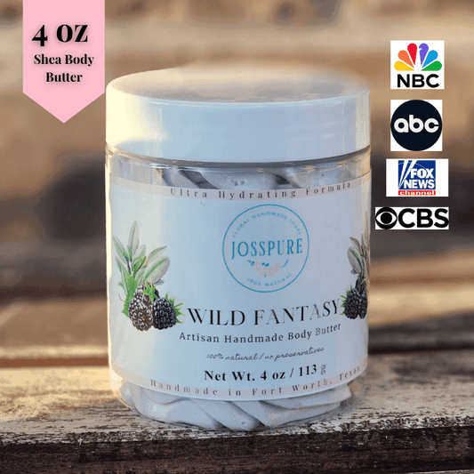 JOSSPURE Wild Fantasy Artisan Handmade Body Butter in a 4 oz jar, featuring blackberry sage mango butter whipped body butter