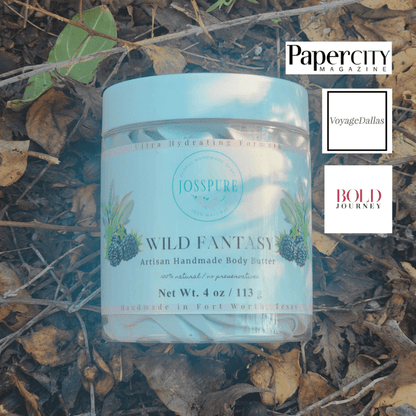 JOSSPURE Wild Fantasy Artisan Handmade Body Butter in 4 oz jar, featuring blackberry sage mango butter whipped body butter