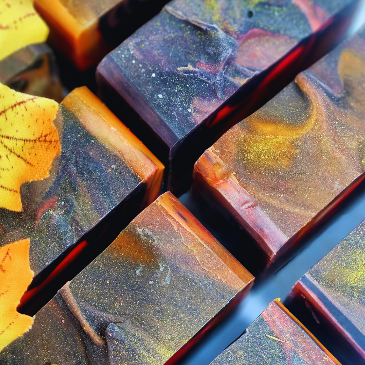 Handmade bonfire fall soap with vibrant autumn colors and natural ingredients from JOSSPURE