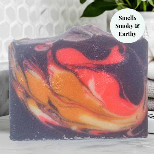 Handmade bonfire fall soap with smoky and earthy swirls in vibrant autumn colors