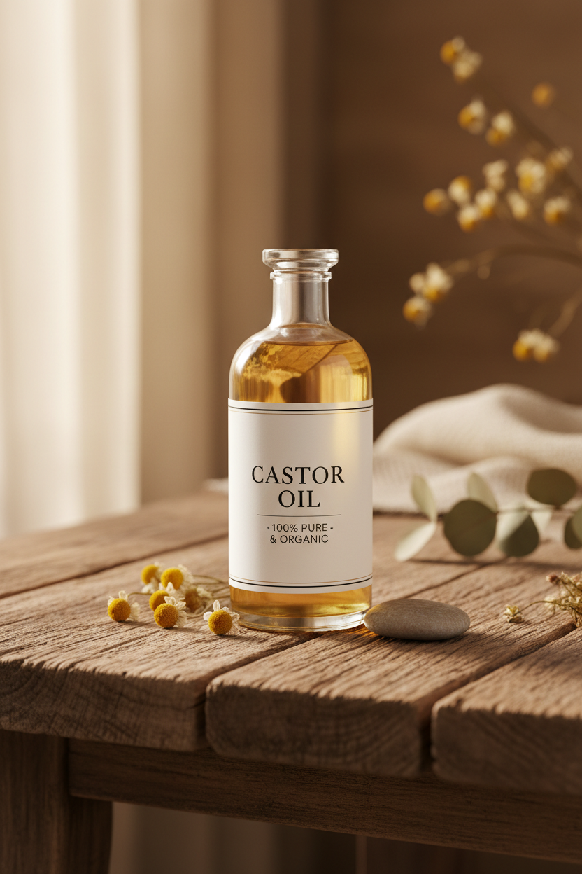bottle of castor oil for soapmaking