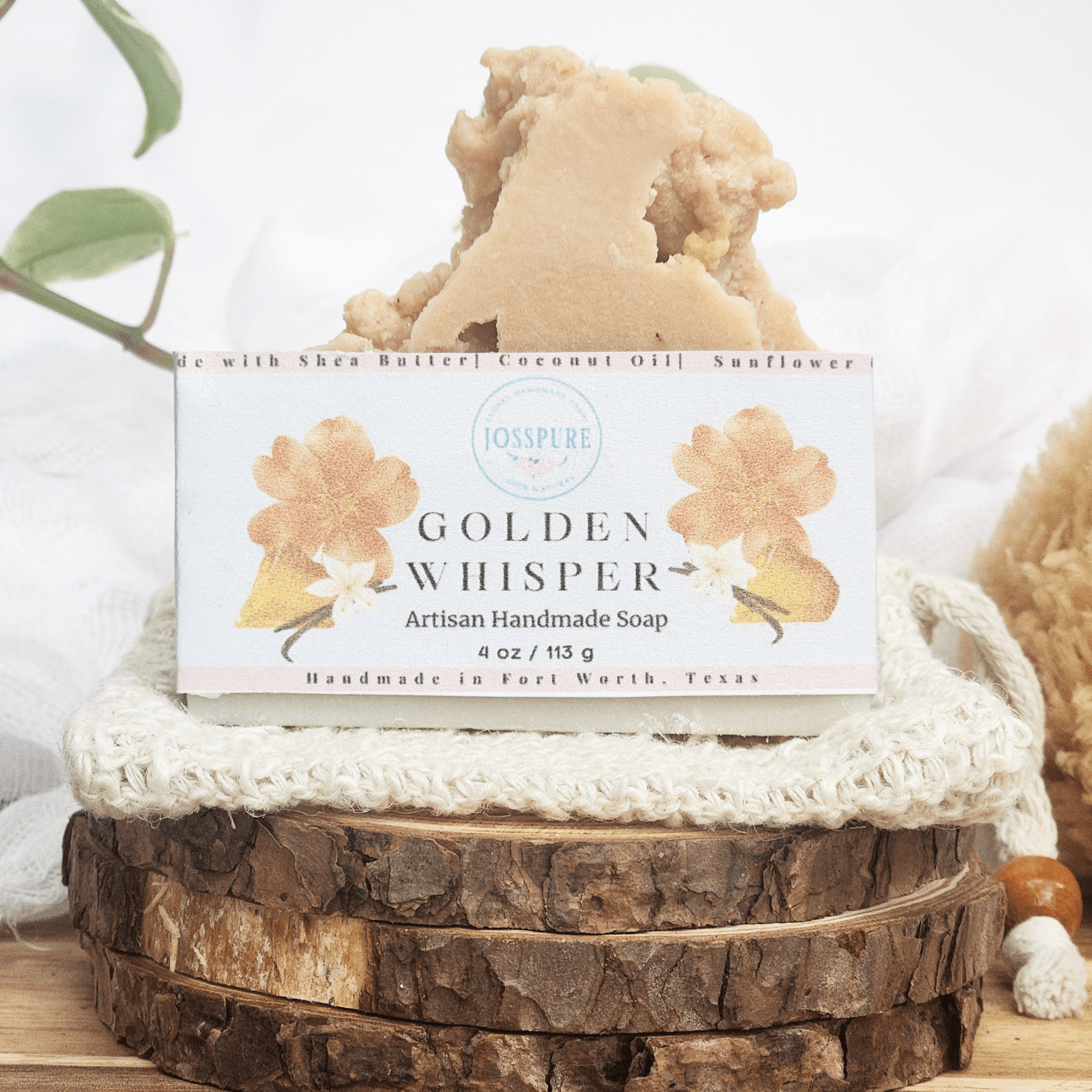 JOSSPURE Golden Whisper handmade soap bar displayed with label featuring coco chanel perfume soap keyword