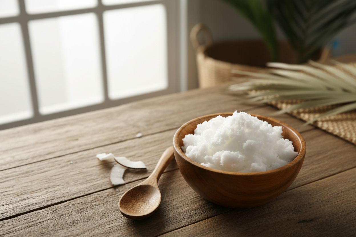 Bowl of coconut oil on a wooden table with a wooden spoon