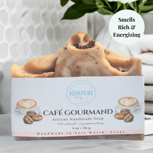 JOSSPURE Coffee Exfoliating Shea Butter Soap with artisan handmade design in café gourmand style
