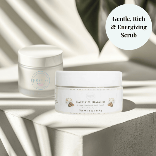 JOSSPURE coffee luxury sugar scrub in white jar with natural body care branding on textured white surface