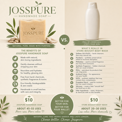 Comparison between Jo SSPure handmade soap and store-bought body wash with benefits listed.