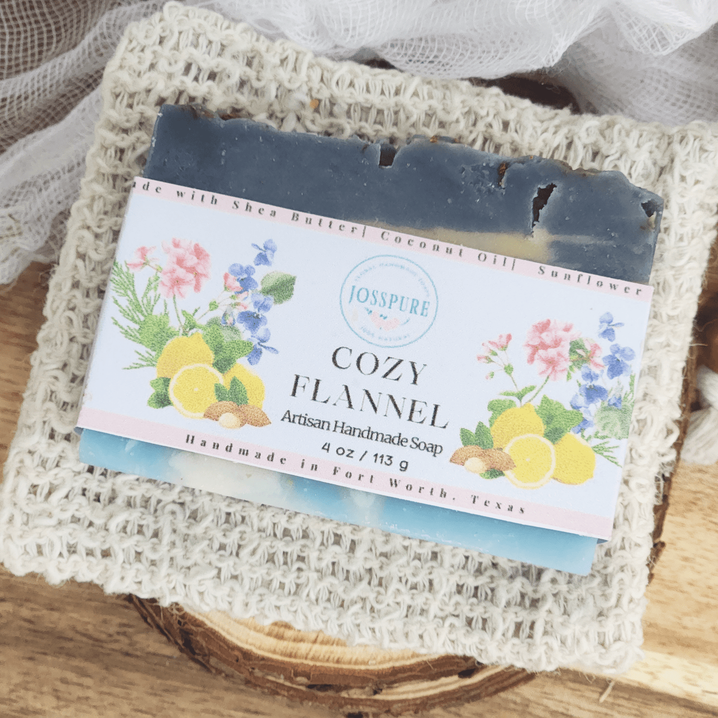 JOSSPURE flannel mild shea butter soap Cozy Flannel artisan handmade soap bar on knitted cloth