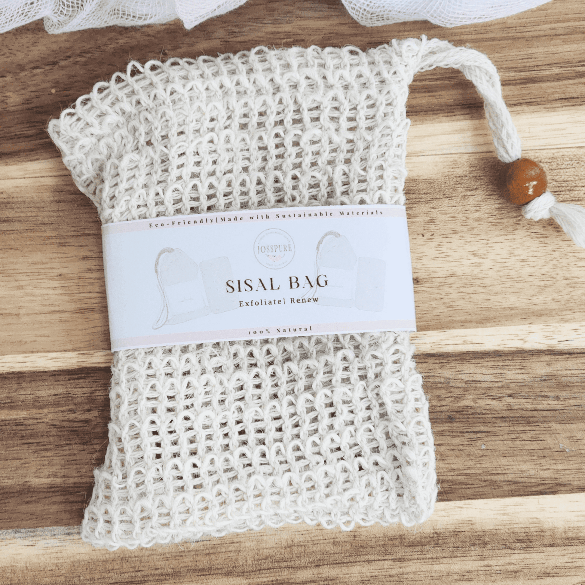 JOSSPURE eco friendly cotton sisal bag for soap with natural exfoliating texture and wooden bead closure