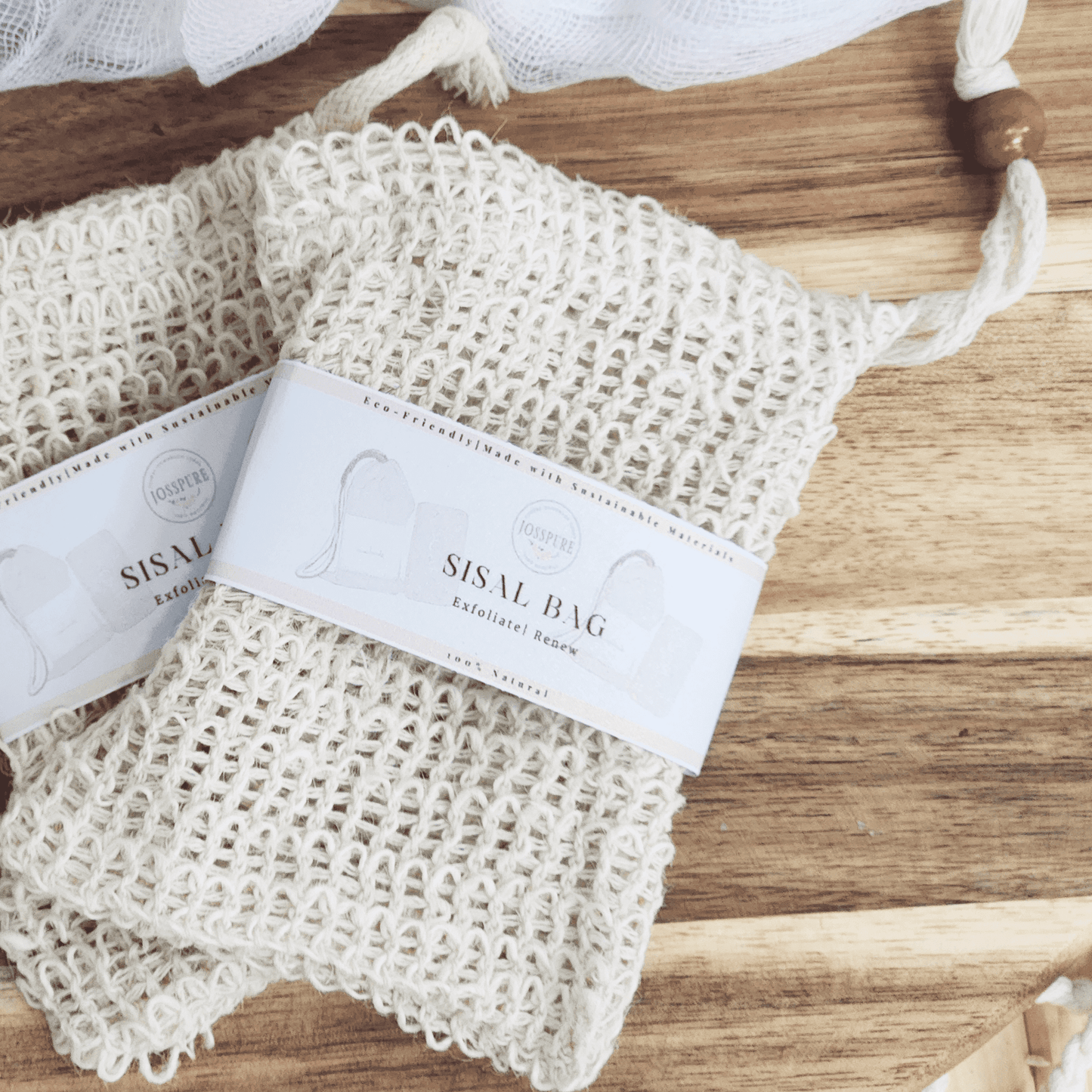 JOSSPURE eco friendly cotton sisal bag for soap with natural handmade design on wooden surface