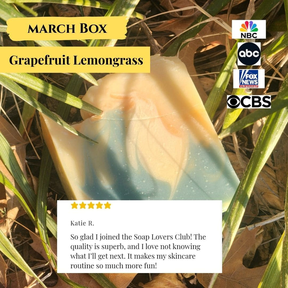 Grapefruit Lemongrass soap with grass background and media outlet logos.