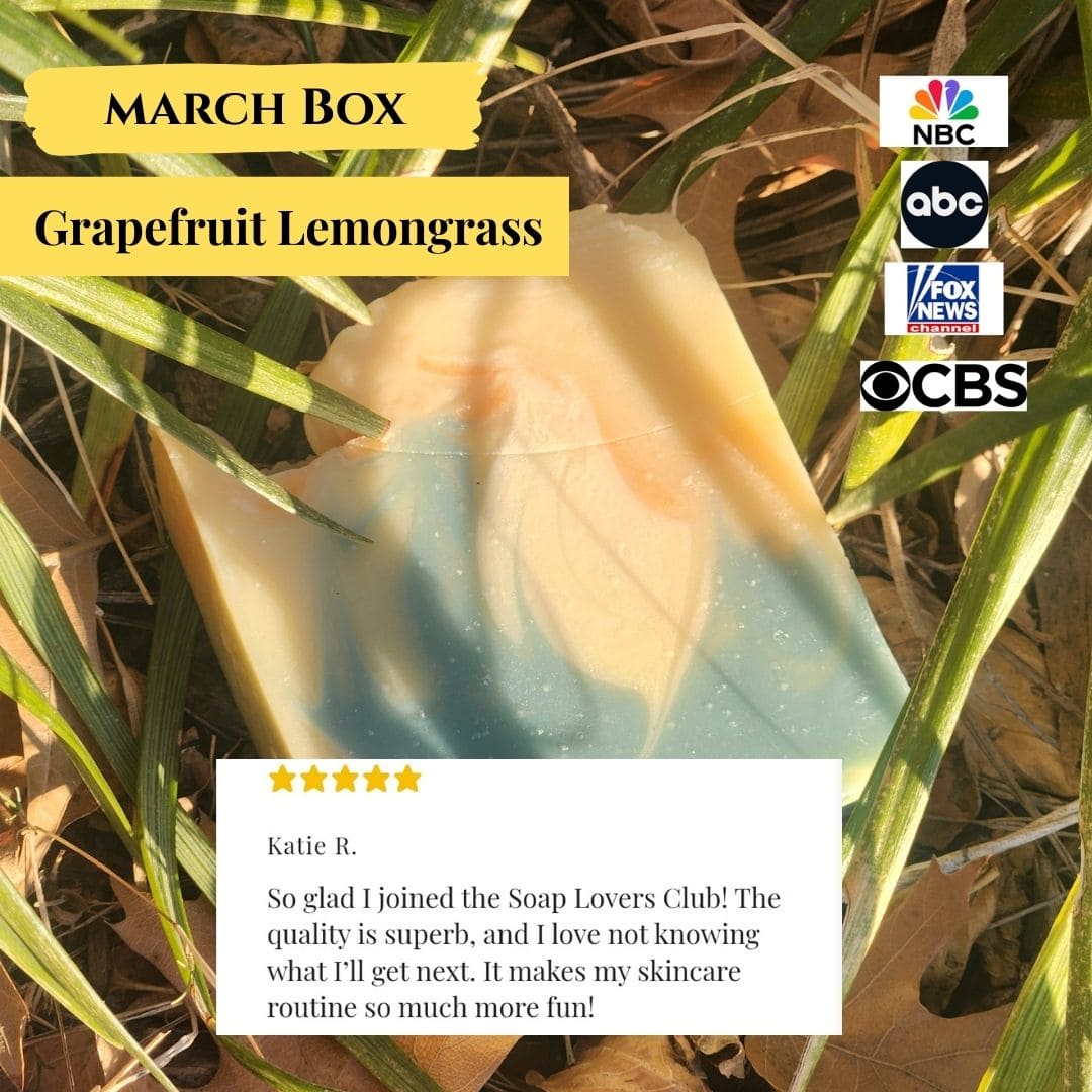 Grapefruit Lemongrass soap with grass background and media outlet logos.