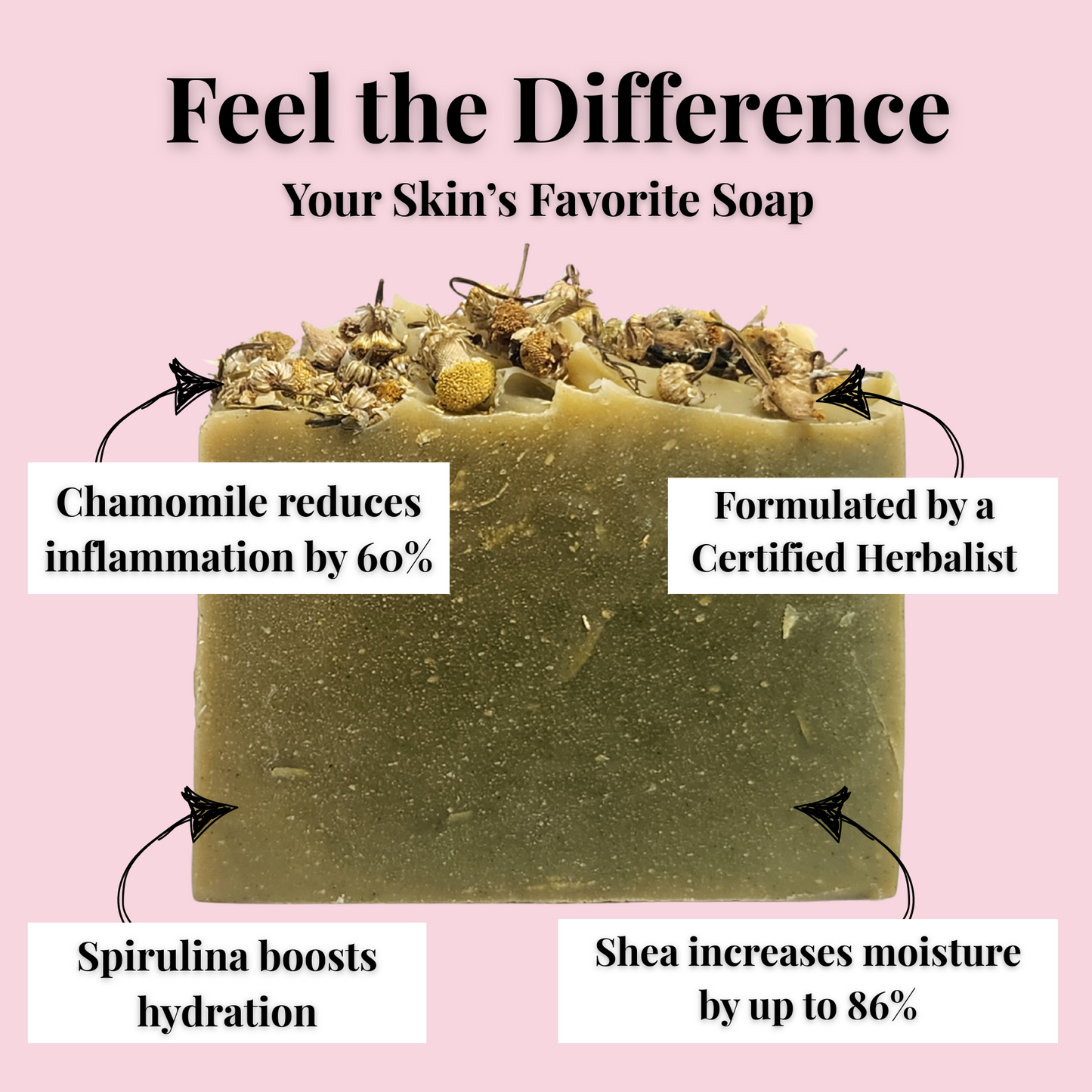 Green All Natural Soap bar with chamomile, spirulina, and shea for skin hydration and inflammation relief
