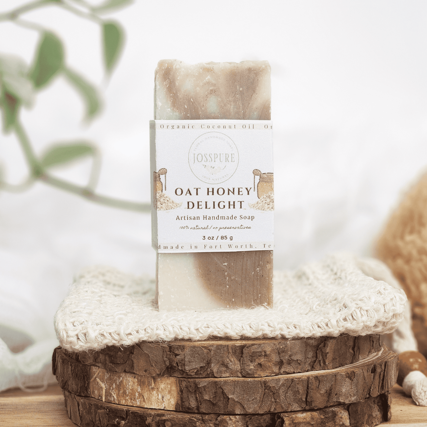 Travel Size Mild Shea Butter Soap Oat Honey Delight artisan handmade by JOSSPURE on wooden stacked slabs