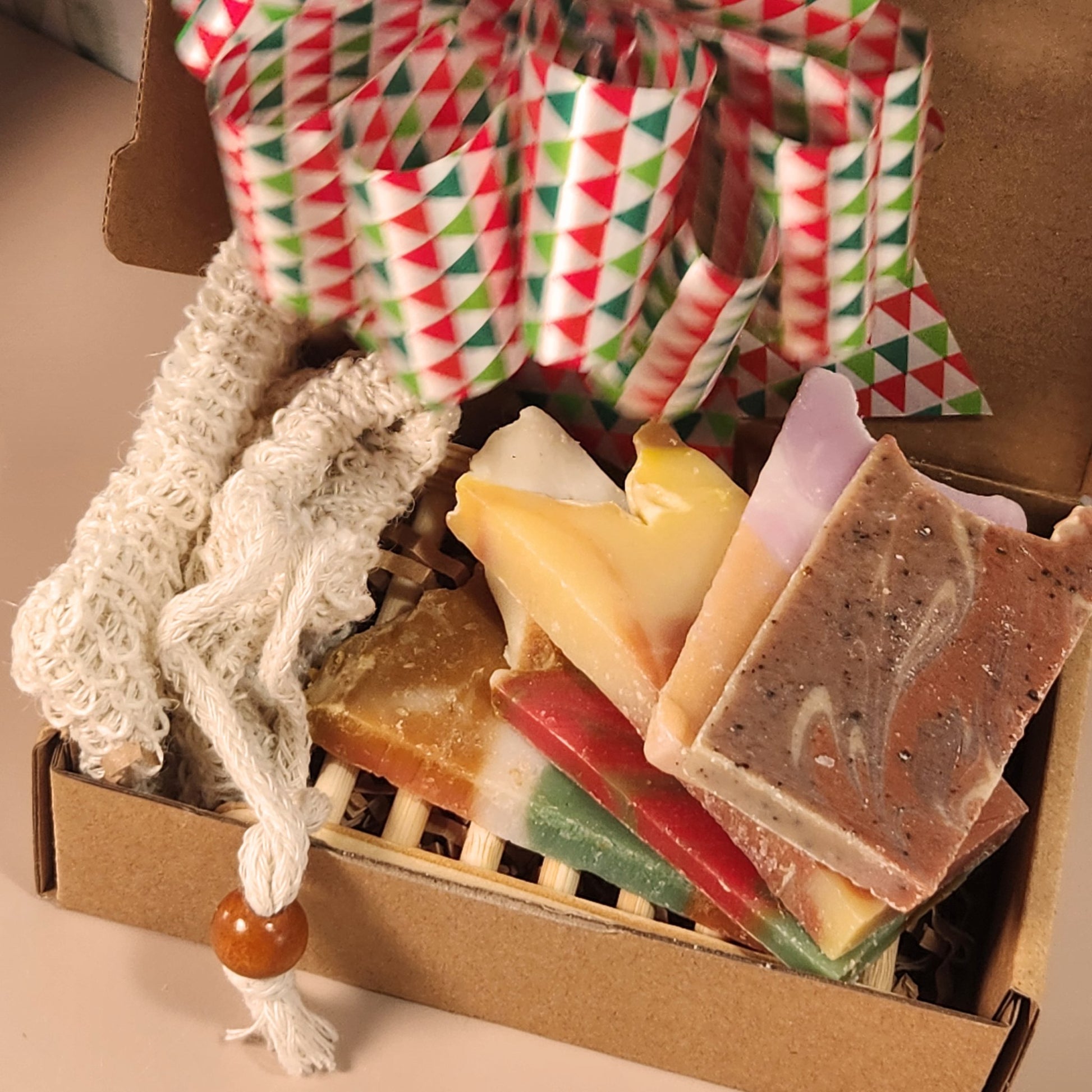 Holiday Secret Santa Gift Set- Bundle #4- 5 Sample Soaps, Sisal Bag & Soap Saver - JOSSPURE