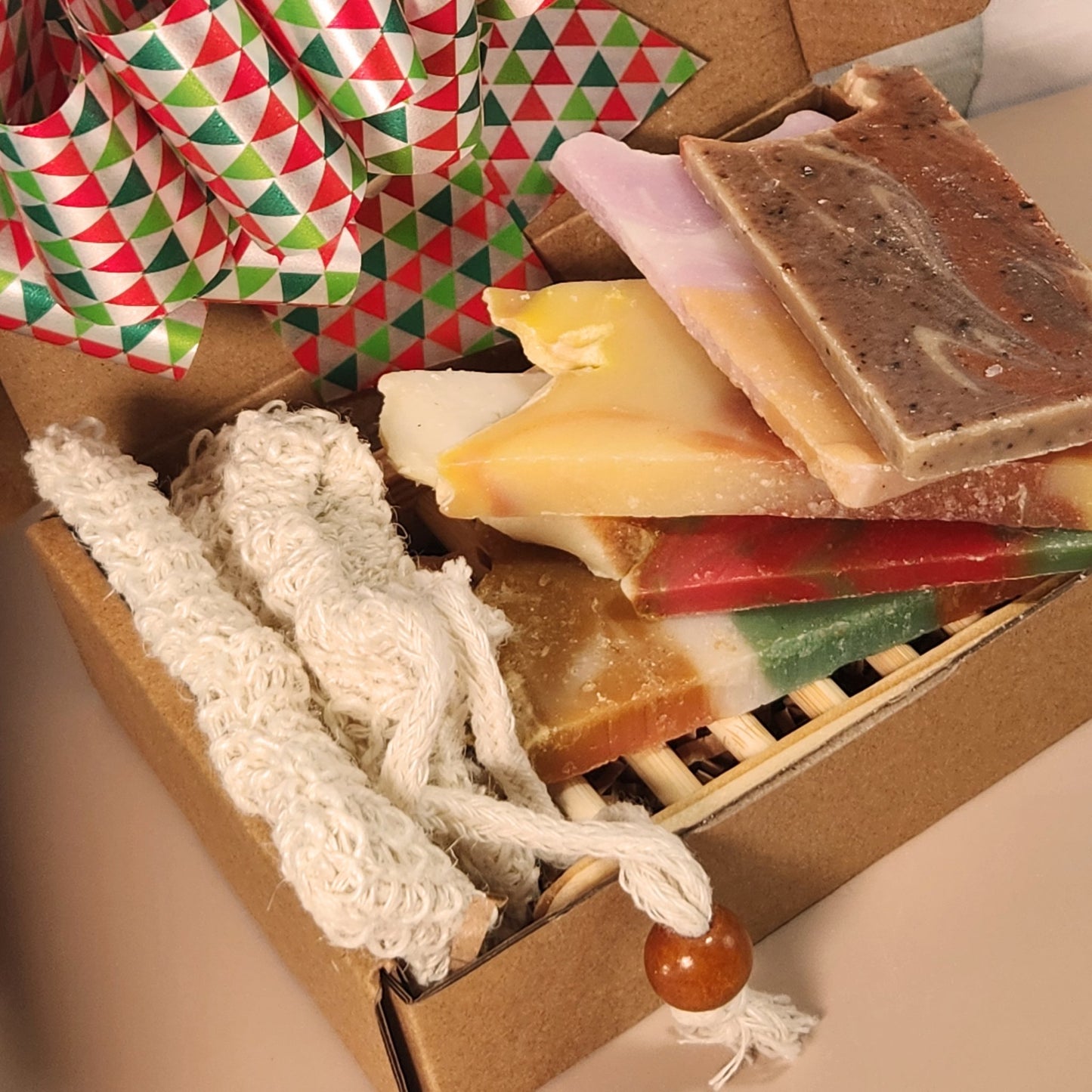 Holiday Secret Santa Gift Set- Bundle #4- 5 Sample Soaps, Sisal Bag & Soap Saver - JOSSPURE