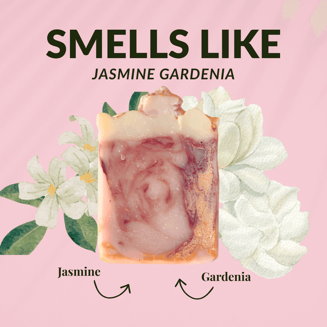 Handmade jasmine gardenia mild shea butter soap with floral design and creamy texture