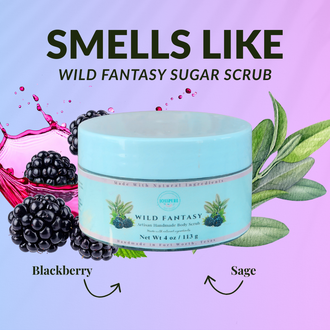 JOSSPURE Blackberry Sage Sugar Scrub in a teal container with natural ingredients for fresh body care