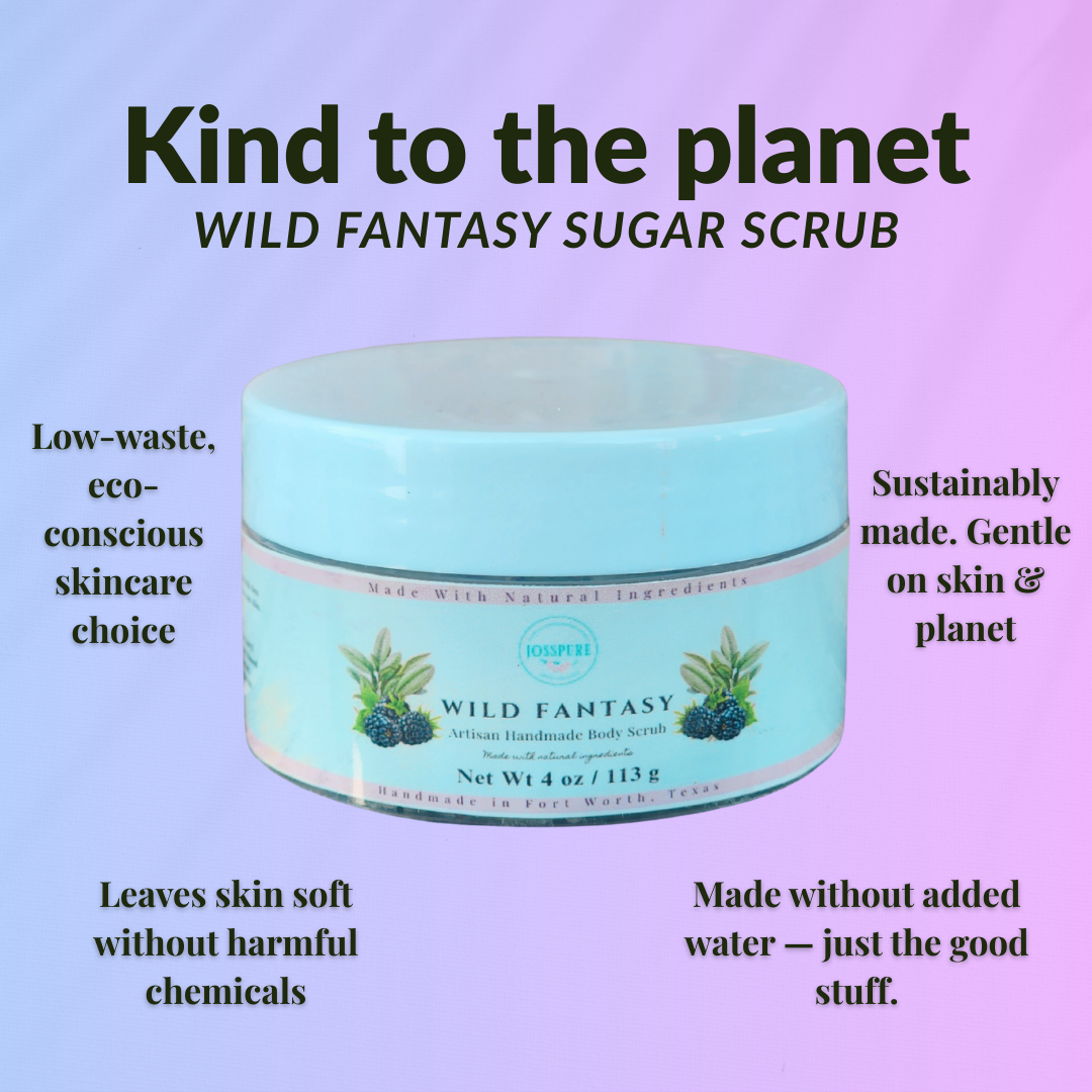 JOSSPURE blackberry sage sugar scrub in eco-friendly packaging promoting natural body care