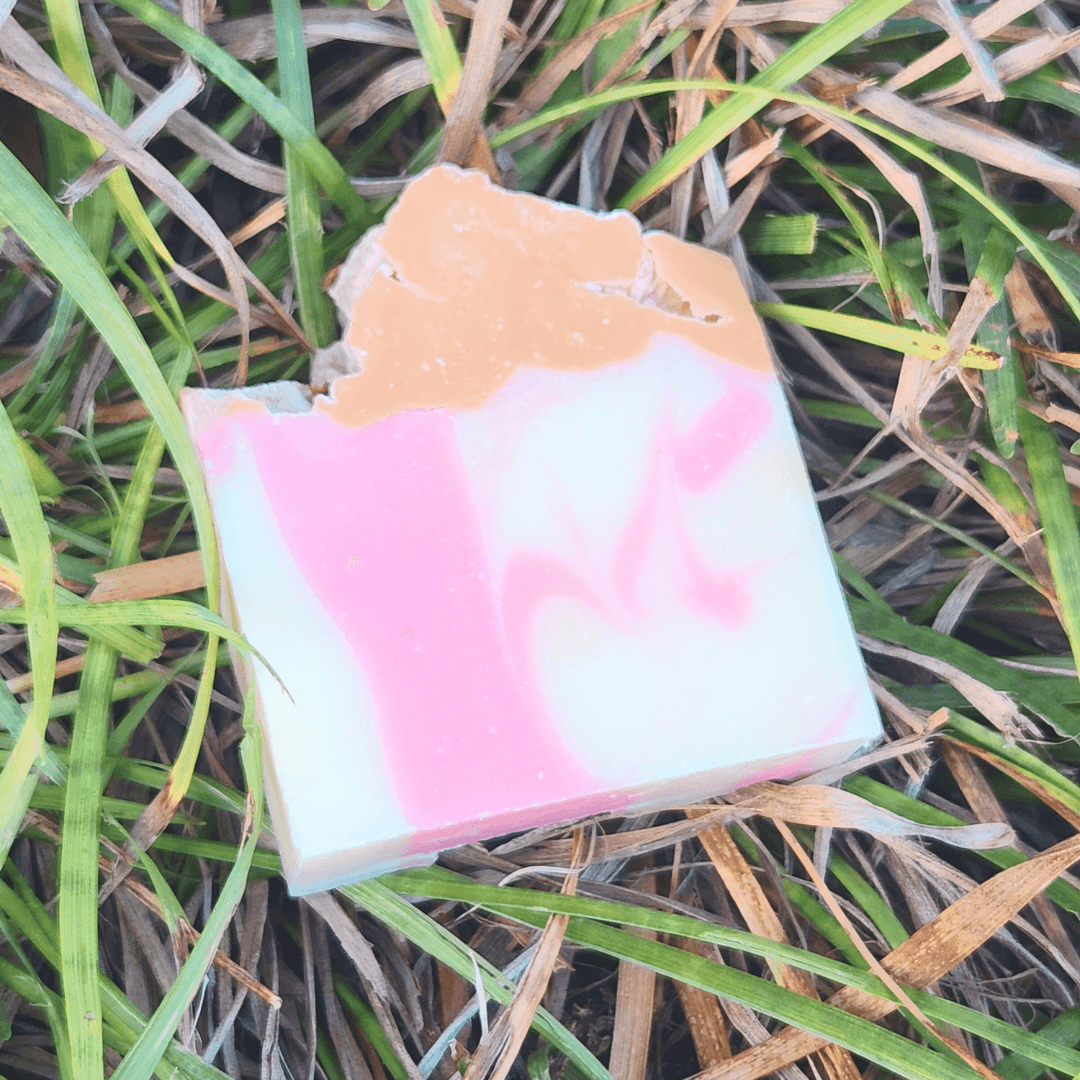 Champagne dreams shea butter soap with pink and white swirls, perfect for moisturizing skin