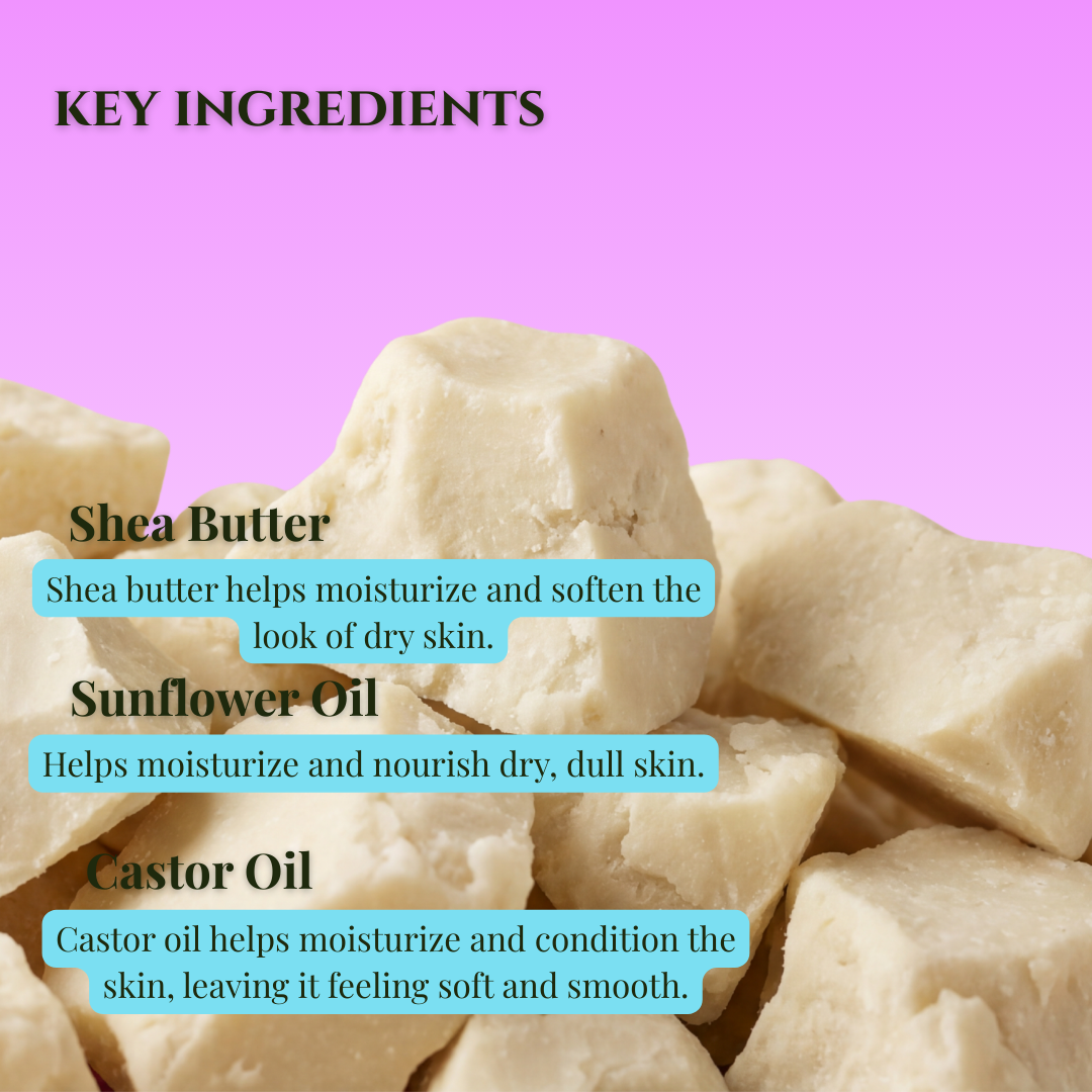 Key ingredients for champagne dreams shea butter soap including shea butter, sunflower oil, and castor oil
