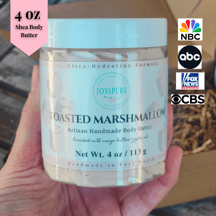 JOSSPURE Handmade Toasted Marshmallow Vanilla Shea Whipped Body Butter in a 4 oz jar for moisturizing skin
