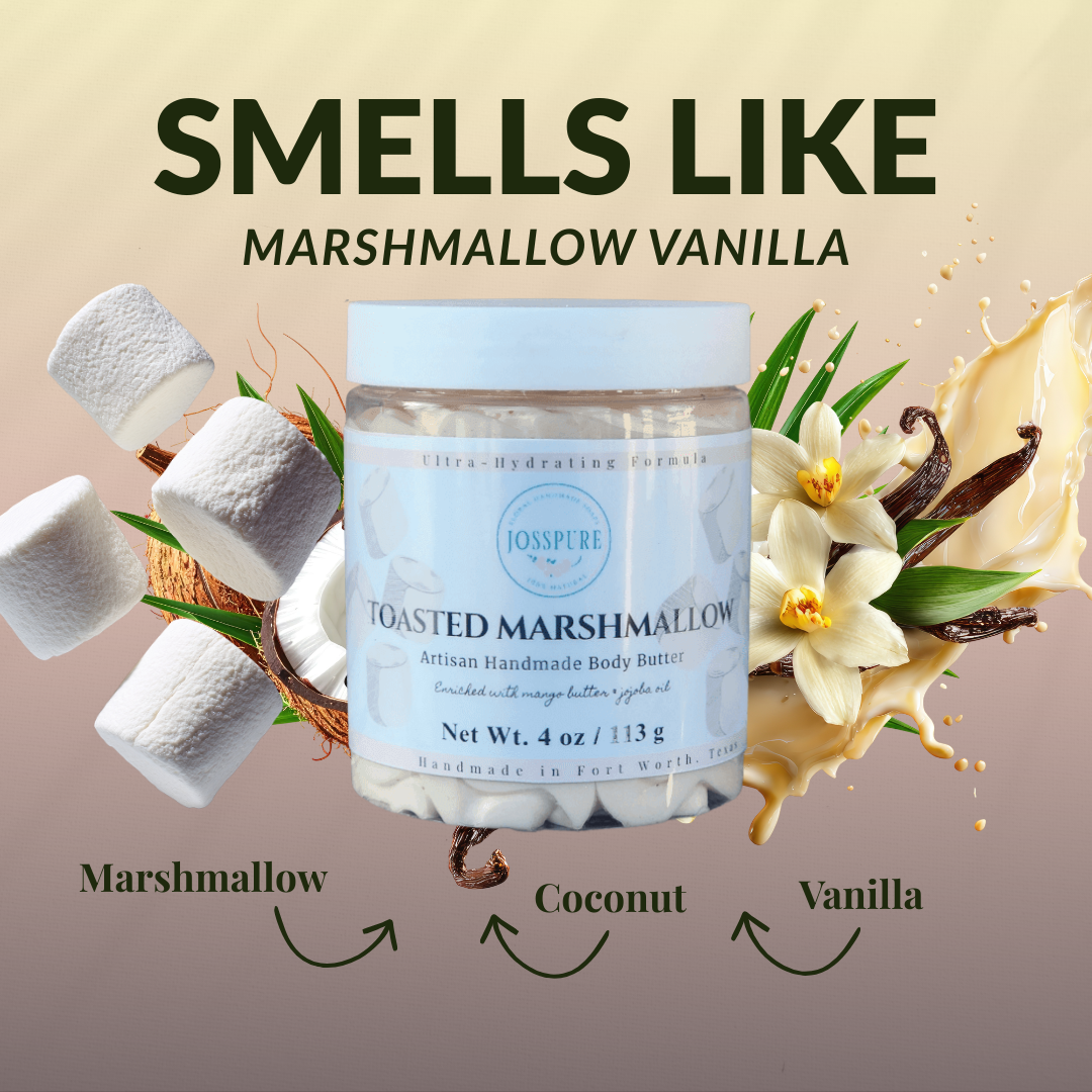 JOSSPURE marshmallow vanilla shea whipped body butter in a jar with marshmallows and vanilla flowers