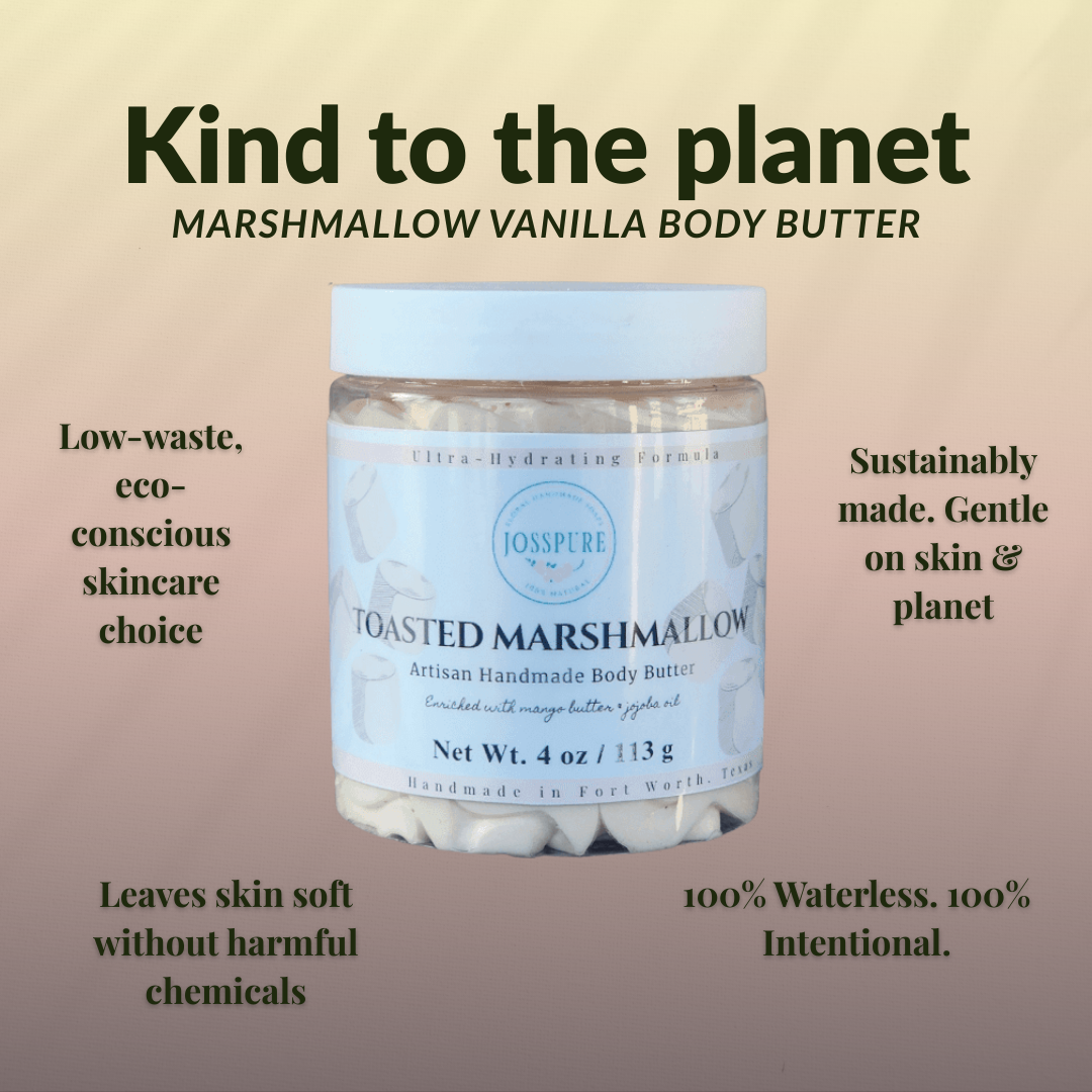 JOSSPURE Marshmallow Vanilla Shea Whipped Body Butter in a 4 oz jar, eco-friendly skincare product.